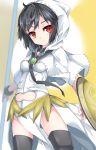  1girl armor armored_dress bangs black_hair black_legwear blurry blurry_background breasts capelet closed_mouth commentary_request depth_of_field dress eyebrows_visible_through_hair fate/grand_order fate_(series) head_tilt highres hood hood_up hooded_capelet medium_breasts ortlinde_(fate/grand_order) red_eyes ribbon-trimmed_capelet ribbon-trimmed_hood ribbon_trim shield smile solo thigh-highs uumaru valkyrie_(fate/grand_order) white_capelet white_dress 