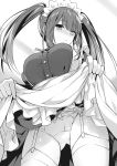  1girl apron asymmetrical_hair bow bow_panties breasts clock_eyes date_a_live dress_shirt eyebrows_visible_through_hair from_below garter_straps greyscale heterochromia highres large_breasts lifted_by_self long_hair maid maid_headdress monochrome novel_illustration official_art panties shiny shiny_hair shirt skirt skirt_lift solo standing symbol-shaped_pupils thigh-highs tokisaki_kurumi tsunako twintails underwear very_long_hair waist_apron 