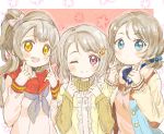  3girls blue_eyes color_connection hacosumi hair_color_connection highres light_brown_hair love_live! love_live!_school_idol_festival love_live!_school_idol_festival_all_stars love_live!_school_idol_project love_live!_sunshine!! minami_kotori multiple_girls nakasu_kasumi one_eye_closed perfect_dream_project pose school_uniform violet_eyes watanabe_you yellow_eyes 