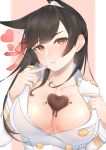  1girl animal_ears asymmetrical_bangs atago_(azur_lane) azur_lane bangs black_hair breasts chichikoucha chocolate chocolate_heart chocolate_on_breasts cleavage collarbone collared_shirt finger_to_mouth hair_ribbon heart large_breasts long_hair long_sleeves looking_at_viewer mole mole_under_eye orange_eyes partially_unbuttoned pink_background ribbon shirt simple_background smile solo upper_body 