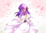  1girl :d absurdres black_ribbon cherry_blossoms closed_eyes dress fate/stay_night fate_(series) floating_hair hair_ribbon highres huge_filesize long_dress long_hair matou_sakura open_mouth otinksan purple_hair red_ribbon rei_no_himo ribbon short_sleeves signature smile solo standing sundress white_dress 