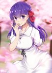  1girl arm_behind_back bangs black_ribbon blurry blurry_background breasts brll cherry_blossoms collarbone dress eyebrows_visible_through_hair fate/stay_night fate_(series) hair_between_eyes hair_ribbon highres large_breasts leaning_forward long_hair looking_at_viewer matou_sakura purple_hair red_ribbon rei_no_himo ribbon shiny shiny_hair short_sleeves signature smile solo standing sundress violet_eyes white_dress 