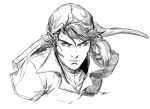  1boy dave_rapoza face hat link male_focus monochrome nintendo pointy_ears portrait serious shield signature sketch solo the_legend_of_zelda 