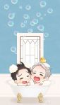  2boys =_= bathing bathtub black_hair bubble claw_foot_bathtub closed_eyes hair_slicked_back heart-shaped_mouth highres katsuki_yuuri male_focus multiple_boys open_mouth rubber_duck ruei_(chicking) shared_bathing silver_hair smile viktor_nikiforov window yuri!!!_on_ice 