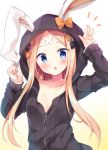  1girl :o abigail_williams_(fate/grand_order) animal_ears animal_hood arm_up bangs black_bow black_hoodie blonde_hair blue_eyes blush bow bunny_hood bunny_pose collarbone crossed_bandaids eyebrows_visible_through_hair fate/grand_order fate_(series) hair_bow hat highres hood hood_up hoodie long_hair long_sleeves looking_at_viewer masayo_(gin_no_ame) open_mouth orange_bow parted_bangs polka_dot polka_dot_bow rabbit_ears simple_background sleeves_past_wrists solo upper_body very_long_hair white_background zipper zipper_pull_tab 