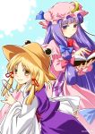  2girls blonde_hair blue_bow blue_ribbon blush book bow bowtie capelet commentary_request crescent crescent_moon_pin dress_bow eyebrows_visible_through_hair hair_bow hair_ribbon hat hat_ribbon highres long_hair moriya_suwako multiple_girls open_book outline patchouli_knowledge pink_bow purple_hair purple_skirt purple_vest pyonta reading red_bow red_neckwear ribbon sato-pon shirt short_hair skirt touhou twitter_username very_long_hair vest violet_eyes watermark white_outline white_shirt wide_sleeves yellow_eyes 