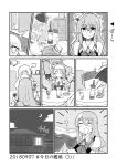  alcohol bottle closed_eyes comic crescent_moon cup dated drawer drinking_glass eyebrows_visible_through_hair greyscale hat kantai_collection ma_rukan mini_hat monochrome moon night night_sky open_mouth pola_(kantai_collection) sky smile solid_oval_eyes sweat table thick_eyebrows translation_request trembling wine wine_bottle wine_glass zara_(kantai_collection) 