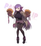  casual fate/extra fate/extra_ccc fate_(series) full_body gloves hair_ribbon jewelry leggings long_hair nagu necklace passion_lip paw_gloves paw_pose paws purple_hair ribbon skirt source_request standing sweater violet_eyes zipper 