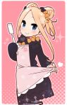  1girl abigail_williams_(fate/grand_order) apron bangs black_bow black_dress blonde_hair bloomers blue_eyes blush bow bug butterfly closed_mouth double_bun dress eyebrows_visible_through_hair fate/grand_order fate_(series) fingernails forehead hair_bow halftone halftone_background head_tilt holding insect long_hair long_sleeves looking_at_viewer looking_to_the_side no_hat no_headwear orange_bow parted_bangs pink_apron polka_dot polka_dot_bow sidelocks sleeves_past_fingers sleeves_past_wrists smile solo sparkle spatula underwear white_bloomers yoru_nai 