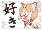  1girl absurdres animal_ears bare_shoulders blonde_hair blood blush bow bowtie brown_hair cat_ears commentary_request elbow_gloves emphasis_lines enk_0822 extra_ears eyebrows_visible_through_hair fang flying_sweatdrops glasses gloves green_eyes headshot heart heart_eyes highres kemono_friends margay_(kemono_friends) margay_print multicolored_hair nosebleed open_mouth short_hair sleeveless solo sweatdrop translated white_hair 