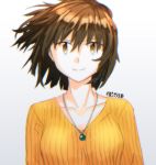 alternate_costume artist_name brown_eyes brown_hair collarbone ergot hiryuu_(kantai_collection) jewelry kantai_collection looking_at_viewer necklace orange_sweater ribbed_sweater short_hair simple_background smile sweater upper_body white_background 