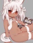    1girl animal animal_ear_fluff animal_ears bangs bare_shoulders black_cat blush bone_hair_ornament breasts cat cat_ears cat_girl cat_tail commentary_request dark_skin eyebrows_visible_through_hair fingernails grey_background hair_between_eyes highres long_hair looking_at_viewer mofuaki navel original panties parted_lips red_eyes simple_background sitting skull small_breasts solo tail thick_eyebrows underwear white_hair white_panties 