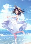  1girl absurdres bangs bare_shoulders barefoot beach black_hair blue_sky blush breasts brown_eyes clouds cloudy_sky d: day dress floating_hair from_side full_body hair_between_eyes hat highres looking_at_viewer looking_back medium_breasts ocean open_mouth original outdoors scan short_hair sky solo splashing standing standing_on_one_leg sun_hat sundress tareme u35 wading water water_drop white_dress 