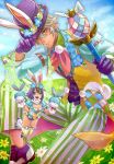  animal_ears aqua_eyes arm_belt breasts brown_hair bunny_tail chains cleavage collared_shirt commentary_request ear_piercing easter_egg echo_(mff) egg fairy fairy_wings final_fantasy flower flying gloves green_wings grey_hair hand_puppet hat hat_tip head_wreath lapel_flower meadow mobius_final_fantasy multicolored multicolored_clothes multicolored_hair open_mouth payu_(pyms11) piercing pixie puppet purple_footwear purple_gloves purple_hair purple_hat rabbit_ears shirt short_hair small_breasts smile sparkle striped striped_legwear tail thigh-highs top_hat two-tone_hair vest wand wings wol yellow_eyes 