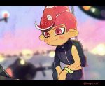  1boy agent_8 aircraft blurry blurry_background blush closed_mouth helicopter kirikuchi_riku long_sleeves male_focus mohawk octarian octoling red_eyes redhead short_hair single_sleeve smile solo splatoon splatoon_(series) splatoon_2 splatoon_2:_octo_expansion squatting suction_cups tentacle_hair wristband zipper zipper_pull_tab 