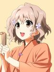  1girl :d brown_eyes brown_hair flower hair_flower hair_ornament hanasaku_iroha highres japanese_clothes kissuisou_uniform matsumae_ohana mitsuhiro-510-goto open_mouth short_hair simple_background smile solo upper_body wide_sleeves 