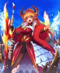  1girl :d annerose_(shingeki_no_bahamut) antenna_hair bare_shoulders breasts cowboy_shot cygames dragon_girl dragon_horns dragon_tail dress earrings eyebrows_visible_through_hair fingernails fire flaming_sword hands_on_hips horns jewelry large_breasts long_hair looking_at_viewer mel/a official_art open_mouth orange_eyes orange_hair pointy_ears ribbon shadowverse sharp_fingernails shingeki_no_bahamut slit_pupils smile solo stairs sword tail teeth thigh-highs tongue torn_clothes torn_legwear weapon 