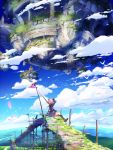  1girl aircraft airship animal animal_ears arm_up bird blue_jacket blue_sky boots bridge brown_footwear building cat_ears cat_girl cat_tail city clouds cloudy_sky commentary_request day facing_away fantasy floating_island flock highres horizon jacket long_sleeves miniskirt mochizuki_saku moss ocean original outdoors petals pink_hair pleated_skirt scenery short_hair sitting skirt sky solo tail water wide_shot wind 