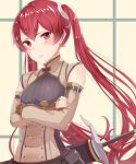  1girl blush closed_mouth crossed_arms fingerless_gloves fire_emblem fire_emblem:_kakusei gloves haru_(nakajou-28) long_hair nintendo red_eyes redhead scabbard selena_(fire_emblem) sheath sheathed sleeveless solo sword twintails upper_body weapon 