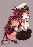  1girl azur_lane bangs black_ribbon breasts chains cleavage elbow_gloves eyebrows_visible_through_hair garter_straps gloves hair_ribbon hat honolulu_(azur_lane) kirisato_itsuki large_breasts peaked_cap red_eyes redhead ribbon solo thigh-highs twintails white_gloves white_hat 