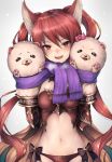  1girl animal_ears blush breasts cerberus_(shingeki_no_bahamut) dog_ears granblue_fantasy hair_between_eyes hand_puppet inaba_sunimi long_hair looking_at_viewer medium_breasts midriff navel open_mouth puppet red_eyes redhead revealing_clothes scarf shingeki_no_bahamut simple_background solo twintails very_long_hair white_background 