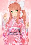  1girl blush bow doki_doki_literature_club hair_bow japanese_clothes kimono kokomi_(aniesuakkaman) long_hair monika_(doki_doki_literature_club) pink_background pink_kimono sash smile white_bow 