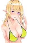  1girl bikini blonde_hair breasts cleavage elf from_above green_bikini highres large_breasts long_hair looking_at_viewer odya original playing_with_own_hair pointy_ears simple_background solo sweat swimsuit upper_body violet_eyes white_background 