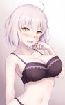  1girl ahoge bangs bare_shoulders black_bra black_panties blush bra breasts chacharan cleavage collarbone commentary_request eyebrows_visible_through_hair fate/grand_order fate_(series) frills hair_between_eyes highres jeanne_d&#039;arc_(alter)_(fate) jeanne_d&#039;arc_(fate)_(all) large_breasts lingerie looking_at_viewer navel open_mouth pale_skin panties short_hair silver_hair simple_background skindentation solo underwear underwear_only yellow_eyes 
