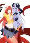  2girls alice_(mon-musu_quest!) alisfieze_fateburn_xvi black_gloves blue_skin fang flower gloves hair_between_eyes hair_flower hair_ornament horns lamia long_hair looking_at_viewer miia_(monster_musume) mon-musu_quest! monster_girl monster_musume_no_iru_nichijou open_mouth peace_sign pointy_ears redhead scales shirt skirt slit_pupils snake_tail tagme tail tattoo tied_shirt white_background white_hair yellow_eyes 