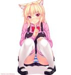 1girl animal_ear_fluff animal_ears ass bangs blonde_hair blush bow breasts cat_ears eyebrows_visible_through_hair fang fast-runner-2024 finger_to_mouth highres large_breasts long_hair looking_at_viewer mary_janes original panties pantyshot pantyshot_(squatting) patreon_username pink_shirt red_bow red_eyes shirt shoes slit_pupils smile solo squatting striped striped_panties thigh-highs tiffy underwear watermark web_address white_background white_legwear 