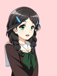  1girl :d black_hair bow braid green_bow green_eyes hair_ornament hairclip hibike!_euphonium long_sleeves looking_at_viewer medium_hair mitsuhiro-510-goto open_mouth pink_background saitou_aoi school_uniform serafuku simple_background smile solo twin_braids upper_body 