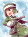  bag bangs blush breath brown_eyes brown_gloves brown_hair character_request commentary_request eyebrows_visible_through_hair fur-trimmed_hat fur-trimmed_sleeves fur_trim gloves green_coat green_hat gun hair_between_eyes handgun hat holding holding_gun holding_weapon long_sleeves looking_away looking_to_the_side naga_u open_mouth outdoors pistol satchel sekaiju_no_meikyuu snowing trigger_discipline upper_teeth v-shaped_eyebrows weapon 