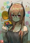  1girl bare_shoulders black-framed_eyewear black_shirt breasts brown_hair cleavage closed_mouth collarbone dinergate_(girls_frontline) girls_frontline glasses hand_up headgear hentaki jacket large_breasts long_hair long_sleeves looking_at_viewer m4_sopmod_ii_(girls_frontline) multicolored_hair off_shoulder open_clothes open_jacket patreon_username red_eyes redhead shirt sleeveless sleeveless_shirt sleeves_past_wrists smile solo sparkle sticky_note streaked_hair upper_body 