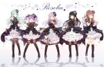  5girls :d ;) ;d aqua_hair aqua_rose ascot bang_dream! bangs black_choker black_flower black_footwear black_hair black_legwear black_neckwear black_ribbon black_rose blue_flower blue_rose blunt_bangs blush boots bow bowtie brown_hair choker clenched_hand collared_dress corsage corset cross-laced_footwear detached_sleeves dress finger_to_mouth flower frilled_dress frills full_body green_eyes group_name hair_flower hair_ornament hair_ribbon half_updo hand_in_hair hand_on_own_chest hand_up highres hikawa_sayo imai_lisa knee_boots long_hair looking_at_viewer minato_yukina multiple_girls one_eye_closed open_mouth overskirt pantyhose purple_flower purple_hair purple_rose red_eyes red_flower red_rose reflection ribbon rose roselia_(bang_dream!) see-through_sleeves shirokane_rinko short_sleeves silver_hair skirt_hold smile standing striped taya_5323203 thigh-highs twintails udagawa_ako vertical_stripes violet_eyes wrist_cuffs yellow_eyes 