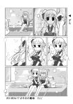  2girls ^_^ ^o^ anger_vein braid broom bubble_blowing bucket closed_eyes closed_eyes comic greyscale hat kantai_collection long_hair ma_rukan mini_hat monochrome multiple_girls pola_(kantai_collection) pout reflection sitting translation_request zara_(kantai_collection) 