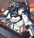  1girl animal_ears arknights black_background black_gloves blaze_(arknights) blue_eyes blue_hair cat_ears chainsaw commentary_request exion_(neon) eyebrows_visible_through_hair fingerless_gloves fire gloves hairband holding holding_weapon jacket long_hair looking_to_the_side parted_lips red_hairband short_sleeves solo weapon white_jacket 