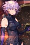 1girl :d armored_leotard azaka_(rionrita) black_leotard blood blood_on_face breasts breasts_apart elbow_gloves eyebrows_visible_through_hair fate/grand_order fate_(series) floating_hair gloves highres holding_shield leotard looking_at_viewer mash_kyrielight medium_breasts open_mouth shield short_hair silver_hair smile solo upper_body violet_eyes 