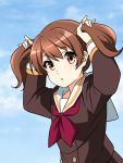  1girl :o arms_up blue_sky brown_eyes brown_hair clouds day hibike!_euphonium long_sleeves looking_at_viewer mitsuhiro-510-goto oumae_kumiko outdoors school_uniform serafuku short_twintails sky solo twintails upper_body 