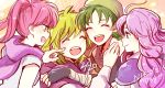  4girls bandanna black_gloves closed_eyes closed_mouth dated fingerless_gloves fire_emblem fire_emblem:_rekka_no_ken florina from_side gloves green_eyes green_hair hairband hoshigaki_(hsa16g) long_hair long_sleeves multiple_girls nino_(fire_emblem) nintendo open_mouth pink_hair purple_hair rebecca_(fire_emblem) serra short_hair smile twintails 