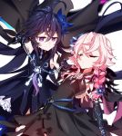  2girls angellyuna braid daydreamer_(elsword) dress elsword flower hair_flower hair_ornament laby_(elsword) long_hair multiple_girls nisha_(elsword) nisha_labyrinth_(elsword) sleeping sleeved_gloves smile 