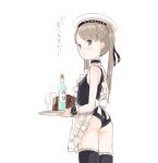  1girl anchor_symbol apron ass bangs black_choker black_legwear black_ribbon black_swimsuit blush bottle brown_eyes brown_hair choker closed_mouth cup drinking_glass eyebrows_visible_through_hair frilled_apron frilled_legwear frills hair_ribbon hat holding holding_tray kokudou_juunigou long_hair looking_away looking_to_the_side one-piece_swimsuit original ribbon sailor_hat school_swimsuit solo swimsuit swimsuit_under_clothes thigh-highs translated tray twintails v-shaped_eyebrows white_apron white_hat 