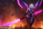  1girl asymmetrical_gloves bangs bare_shoulders blurry blurry_background bodysuit breasts commentary elbow_gloves english_commentary fire gloves glowing glowing_weapon guardian_kingdoms hair_over_one_eye holding holding_weapon large_breasts logo looking_at_viewer mechanical_wings orange_eyes purple_bodysuit raikoart short_hair silver_hair sleeveless solo walking weapon wings 