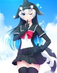  1girl black_hair blowhole blue_eyes blue_hair blush bow bowtie commentary_request cowboy_shot dolphin_tail dorsal_fin elbow_gloves eyebrows_visible_through_hair finger_to_mouth gloves hand_on_hip kemono_friends killer_whale_(kemono_friends)_(totokichi) long_hair multicolored_hair one_eye_closed orca_(kemono_friends)_(kmfr) original pleated_skirt sailor_collar short_sleeves skirt sky smile solo sparkle thigh-highs totokichi white_hair zettai_ryouiki 