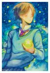  1boy artist_name blue_jacket blue_sweater blue_sweater_vest blue_vest border brown_hair closed_eyes closed_mouth clothes_around_waist clouds collared_shirt commentary english_commentary frown high_collar highres holding holding_star hoshi-pan jacket jacket_around_waist light_blush long_sleeves male_focus medium_bangs necktie night night_sky original painting_(medium) parted_bangs pink_necktie shirt short_hair sky solo star_(sky) star_(symbol) starry_sky sweater sweater_vest traditional_media upper_body v-neck vest watercolor_(medium) white_border white_shirt 