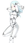  1girl absurdres android bangs breasts colored_eyelashes expressionless foot_out_of_frame highres light_blue_hair looking_at_viewer medium_hair original parted_bangs parts_exposed red_eyes robot_joints small_breasts solo user_rgcc3848 white_background 