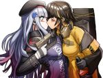  2girls assault_rifle bangs beret blunt_bangs blush eyepatch girls_frontline green_eyes gun h&amp;k_hk416 h&amp;k_usp hair_ornament handgun hat headphones headphones_around_neck hk416_(girls_frontline) holding holding_gun holding_weapon jack_daniel&#039;s jacket jojogwang kiss long_hair m16a1_(girls_frontline) multicolored_hair multiple_girls pistol rifle silver_hair streaked_hair weapon white_hair yuri 