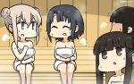  3girls bangs black_hair blonde_hair blunt_bangs blush breasts brown_eyes closed_eyes commentary_request dated graf_zeppelin_(kantai_collection) grey_eyes hair_between_eyes hair_bun hamu_koutarou hatsuyuki_(kantai_collection) highres hime_cut kantai_collection large_breasts long_hair multiple_girls naked_towel open_mouth red_eyes sauna short_hair sidelocks signature sitting small_breasts steam sweat takao_(kantai_collection) towel translated upper_body 