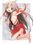  1girl ahoge argyle argyle_background barefoot blush breasts brown_eyes chiya_(urara_meirochou) eyebrows_visible_through_hair fang from_behind full_body grey_hair highres long_hair looking_at_viewer meme_attire okayparium open_mouth red_ribbon ribbon sideboob small_breasts smile solo urara_meirochou very_long_hair virgin_killer_sweater 