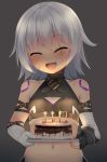  1girl :d ^_^ bandage bandaged_arm bandages bangs bare_shoulders birthday_cake black_gloves black_shirt blush burning cake candle candlelight closed_eyes closed_eyes eyebrows_visible_through_hair facial_scar facing_viewer fang fate/grand_order fate_(series) fingerless_gloves fire food gloves grey_background head_tilt holding holding_tray jack_the_ripper_(fate/apocrypha) navel open_mouth puririn scar scar_across_eye scar_on_cheek shirt silver_hair simple_background single_glove sleeveless sleeveless_shirt smile solo tray upper_body 