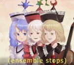  3girls blonde_hair blue_eyes blue_hair buttons crescent dated disgust english_text frills frown glaring hat instrument lunasa_prismriver lyrica_prismriver meme merlin_prismriver multiple_girls open_mouth red_eyes riki6 signature simple_background star teeth touhou violin white_hair yellow_eyes 